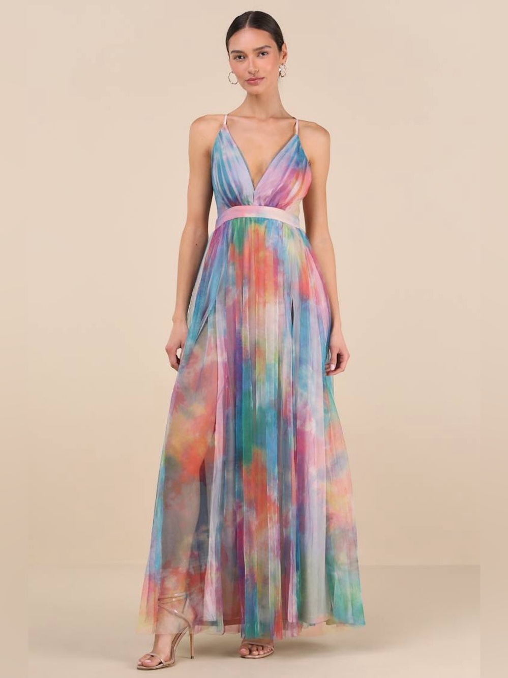 NWT Lulu’s Maniju Elegant Moment Multi Watercolor Tie-Dye Backless Maxi Dress